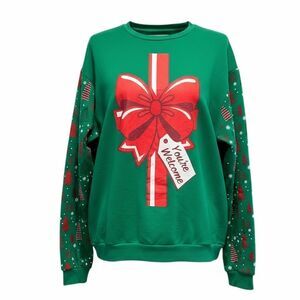 NWOT Holidays Women’s Green Christmas with Red Bow Print Sleeves Sweatshirt- XL